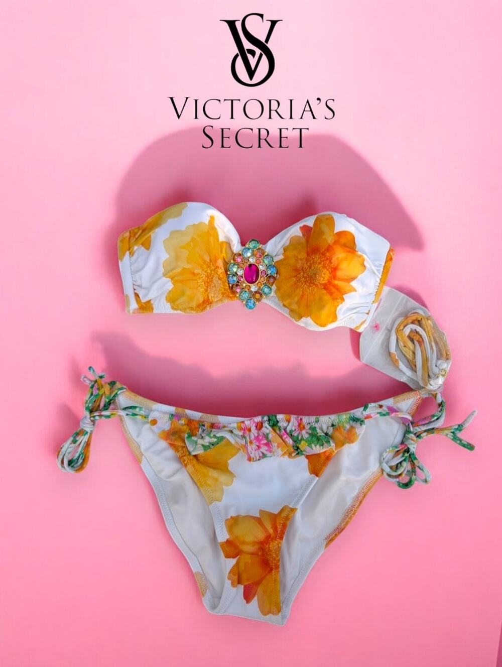 NWT Y2K Victoria’s Secret Bikini Set - Size S Top & Bottom Jeweled Floral Print